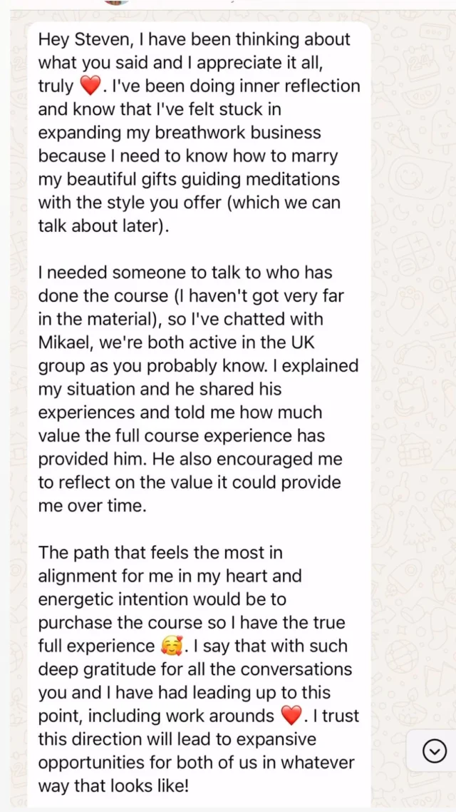 It always warms me when I get messages like this from people going through The Art Of Guiding Meditations.

You too can receive comments like these when you embody your ability to guide unscripted meditations or breathwork journeys. 

Together we can make a difference.

#Meditation #MeditationFacilitator #Breathwork #BreathworkFacilitator #SomaBreath #TheArtOfGuidingMeditations #Feedback #Comments #PositiveFeedback #Transformation